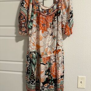 Johnny Was Orange and Black Floral Midi Dress